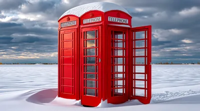 Red Telephone Booths In A Snowy Landscape