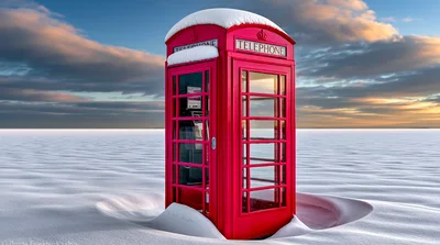 Red Telephone Box Standing Alone In Snowy Landscape