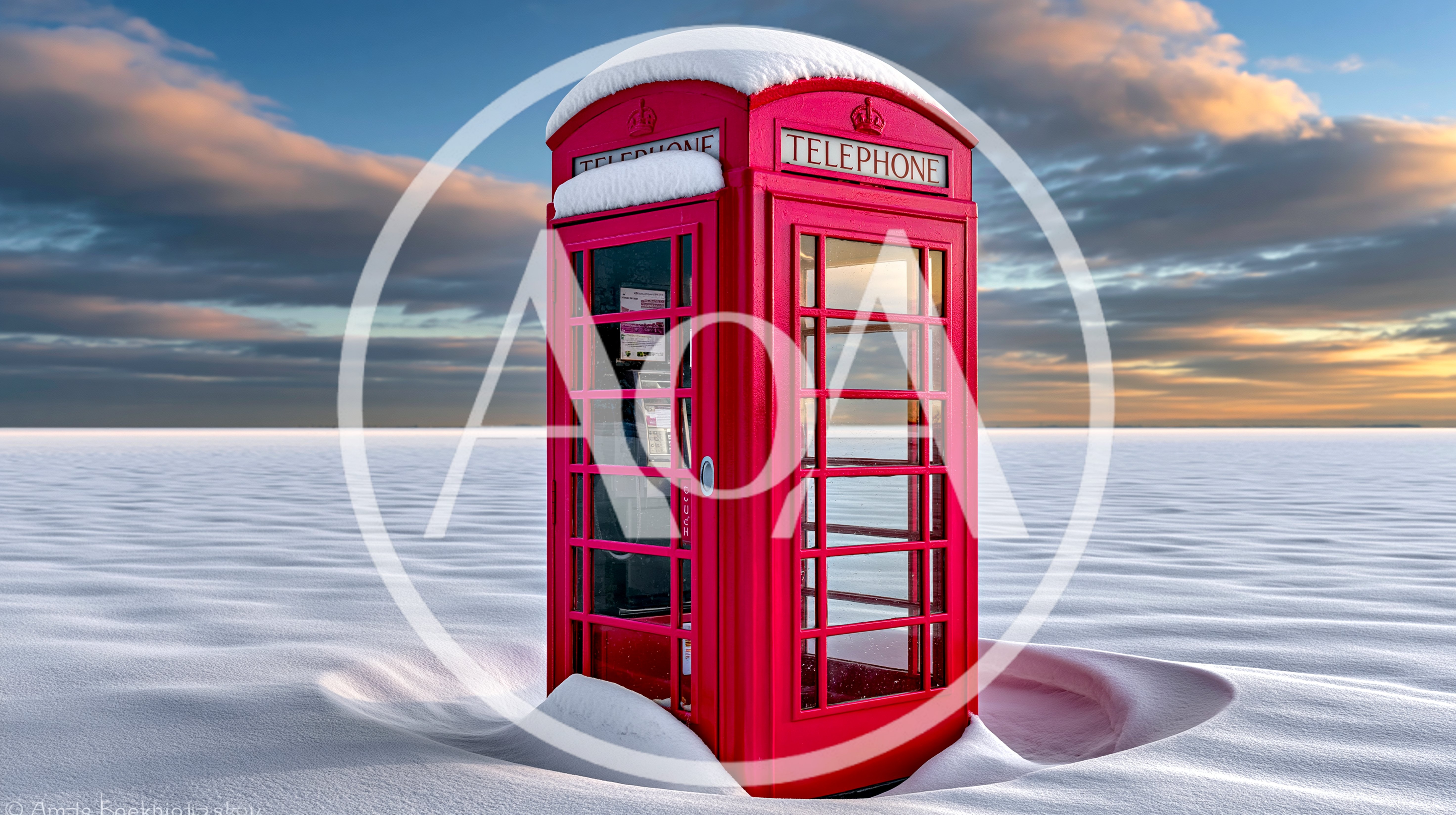 Red Telephone Box Standing Alone In Snowy Landscape
