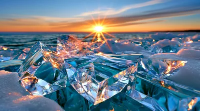 Transparent Ice Blocks On Frozen Lake At Sunset