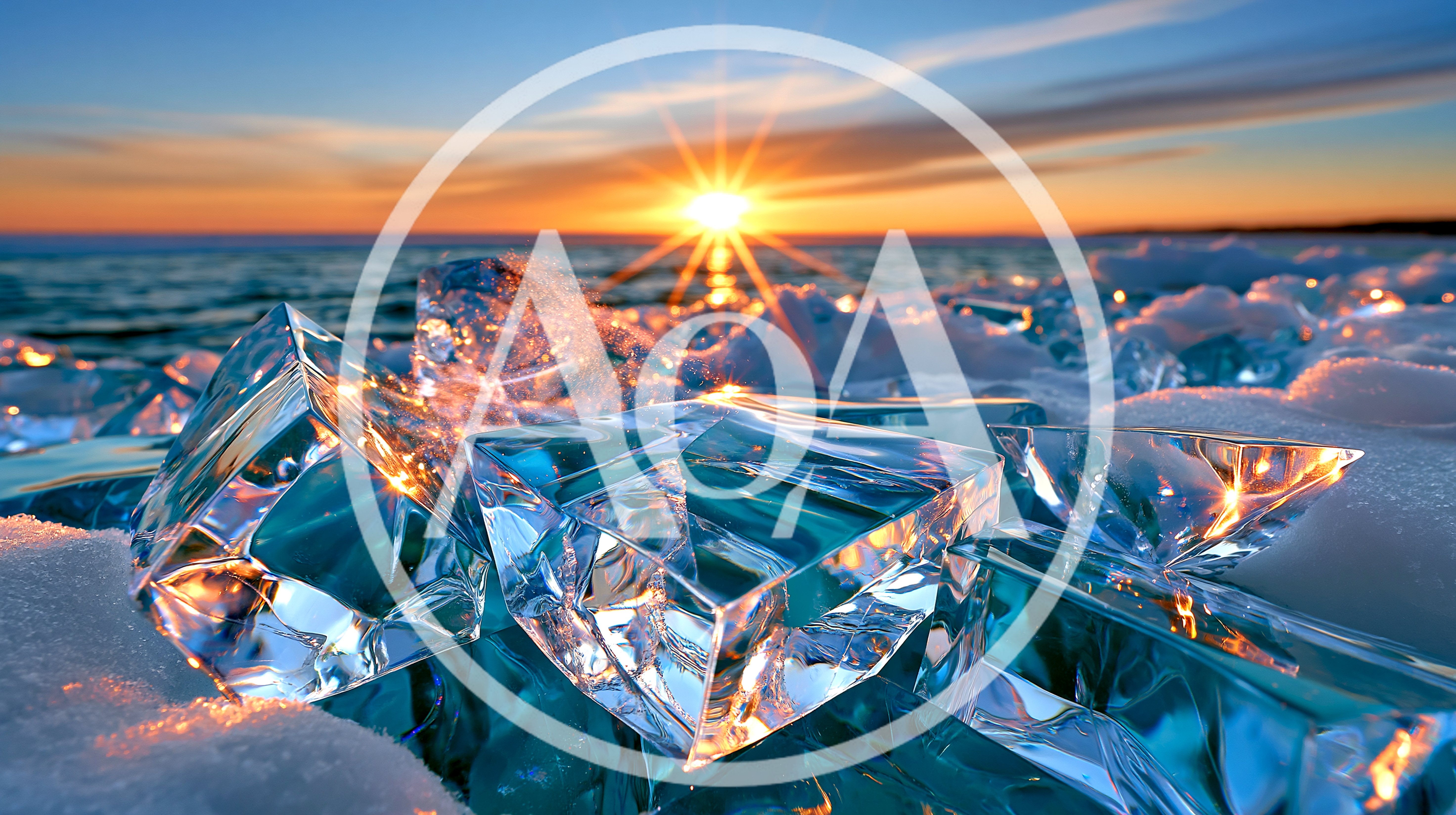 Transparent Ice Blocks On Frozen Lake At Sunset