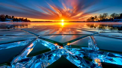 Cracked Ice Surface Reflecting A Vibrant Sunset