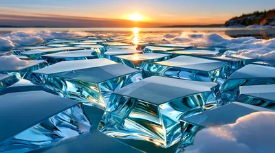 Geometric Ice Blocks Floating On Frozen Lake At Sunset