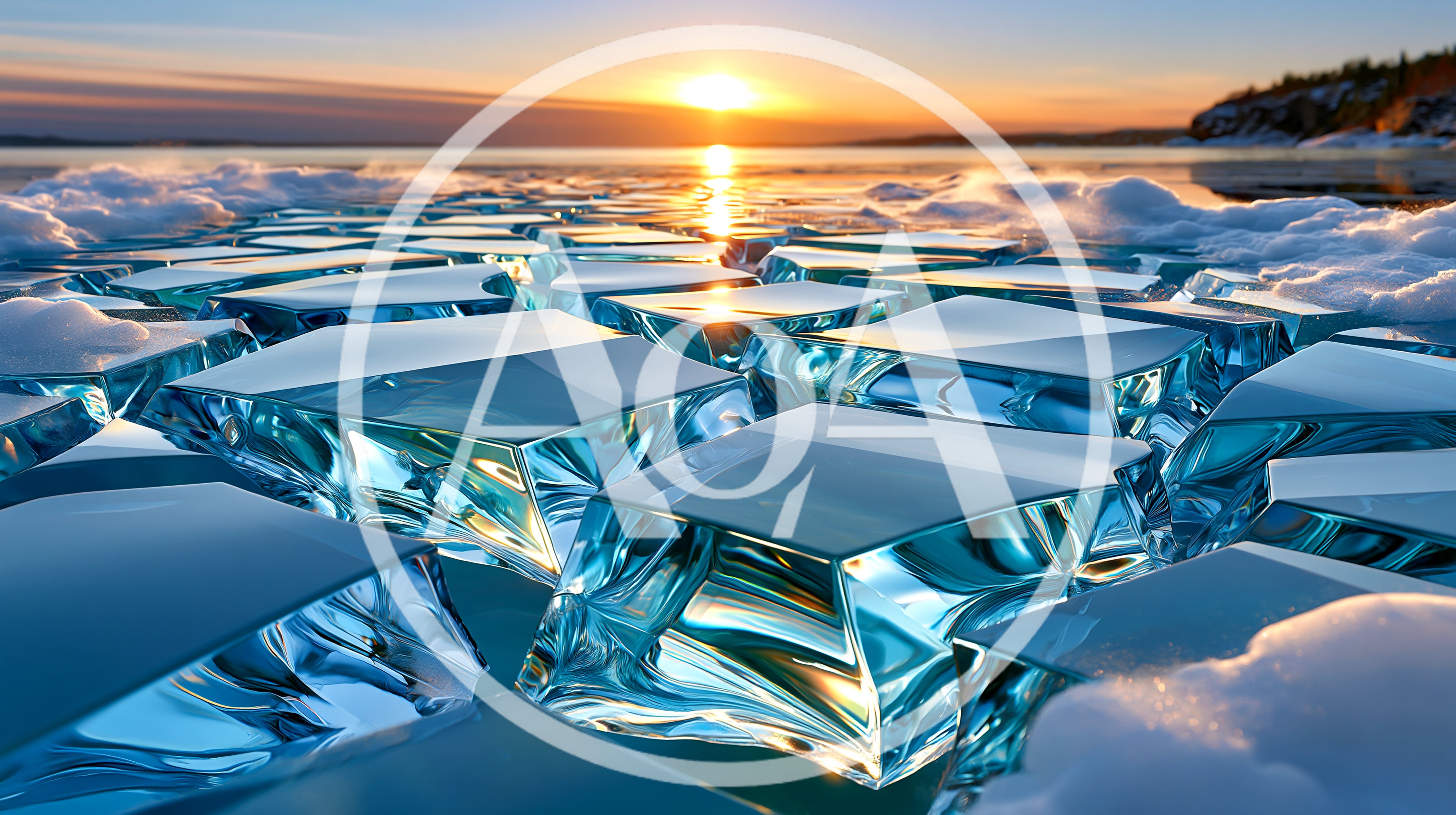 Geometric Ice Blocks Floating On Frozen Lake At Sunset