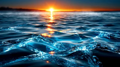 Glowing Blue Ice Formations On Frozen Lake At Sunset
