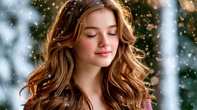 Young Woman Enjoying Gentle Snowfall Outdoors