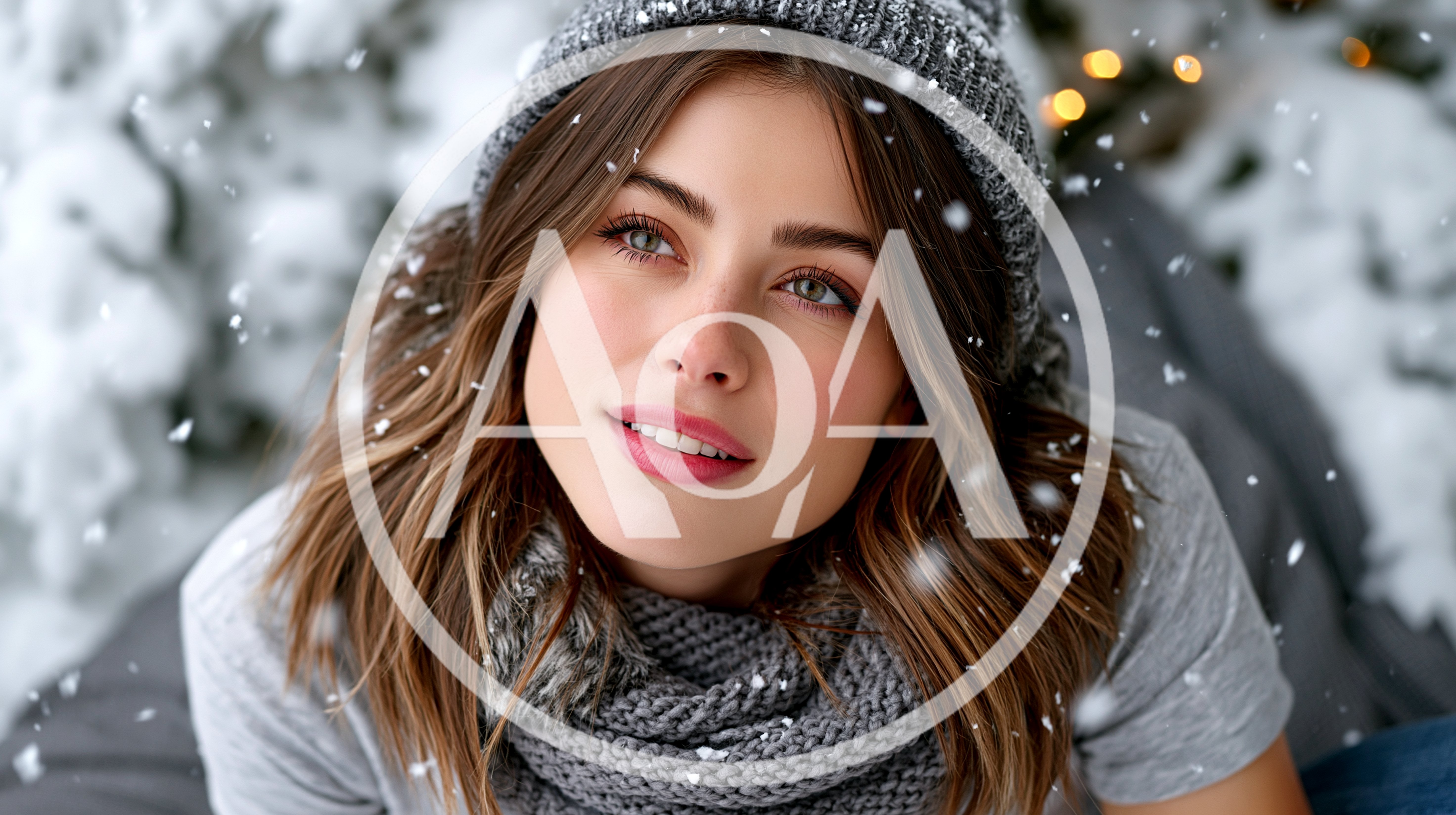 Young Woman Wearing Winter Hat And Scarf In Snow
