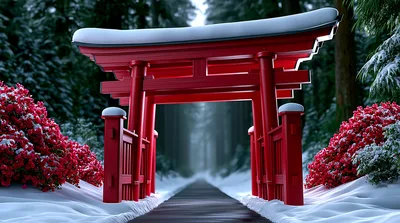 Red Torii Gate In Snowy Winter Forest