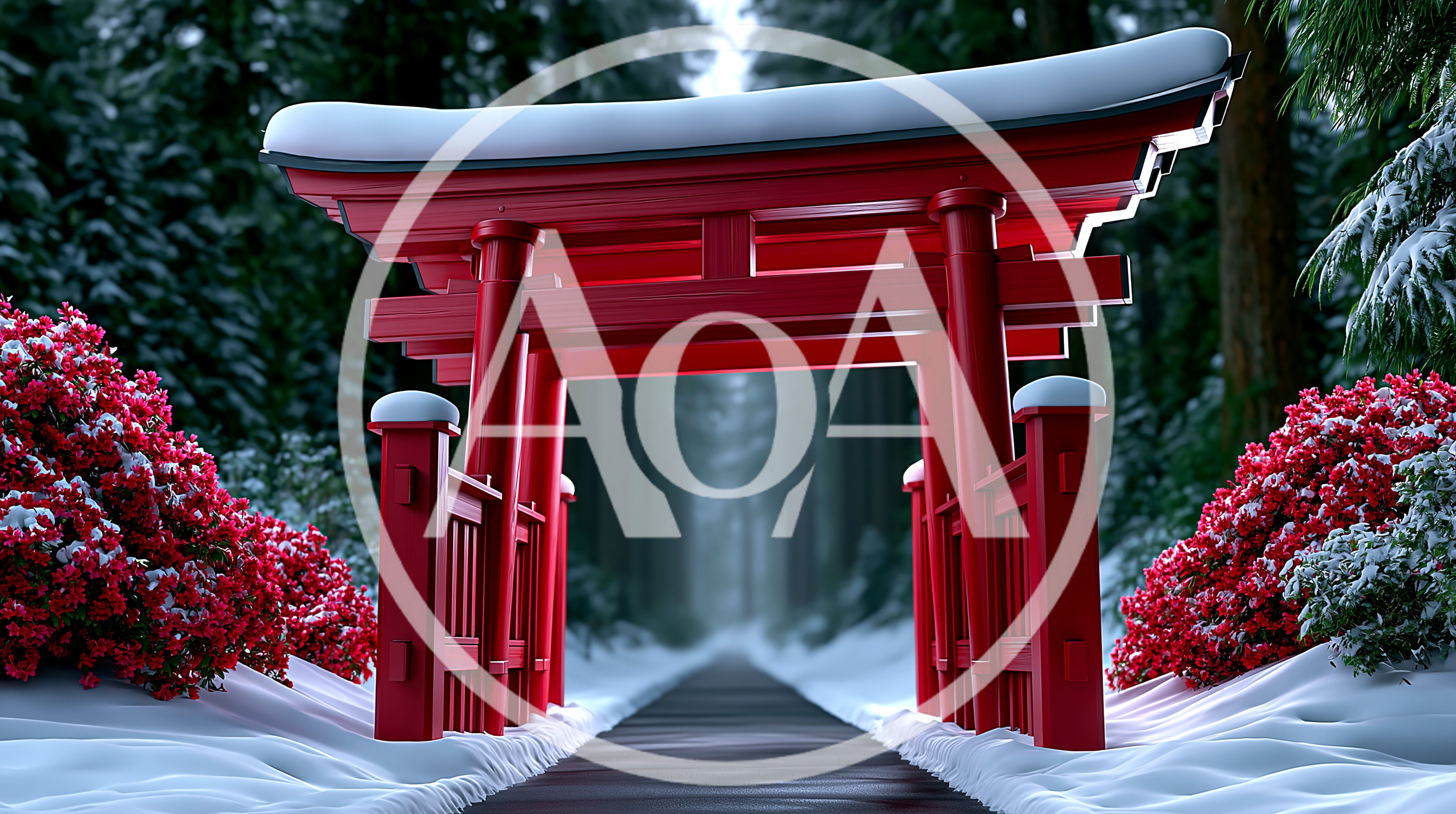 Red Torii Gate In Snowy Winter Forest