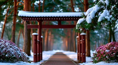 Traditional Japanese Torii Gate In Snowy Winter Forest