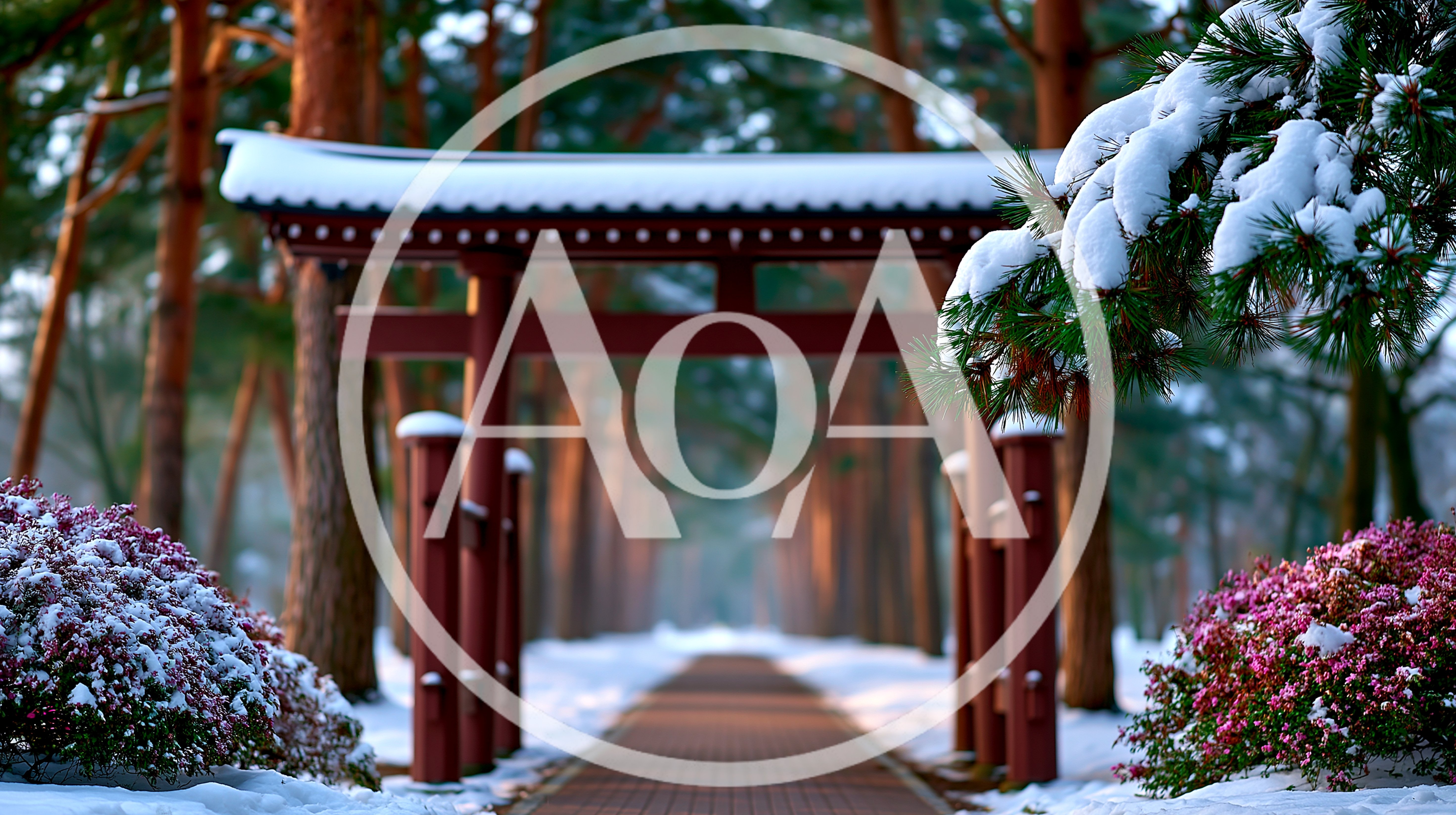 Traditional Japanese Torii Gate In Snowy Winter Forest