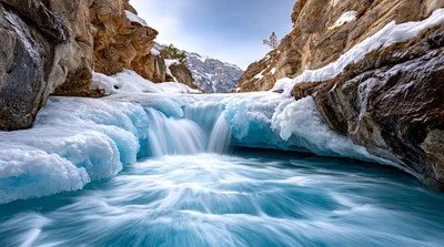Frozen Waterfall Flowing Through Snowy Mountain Canyon