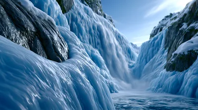 Frozen Waterfall Cascading Down A Snowy Mountain Canyon
