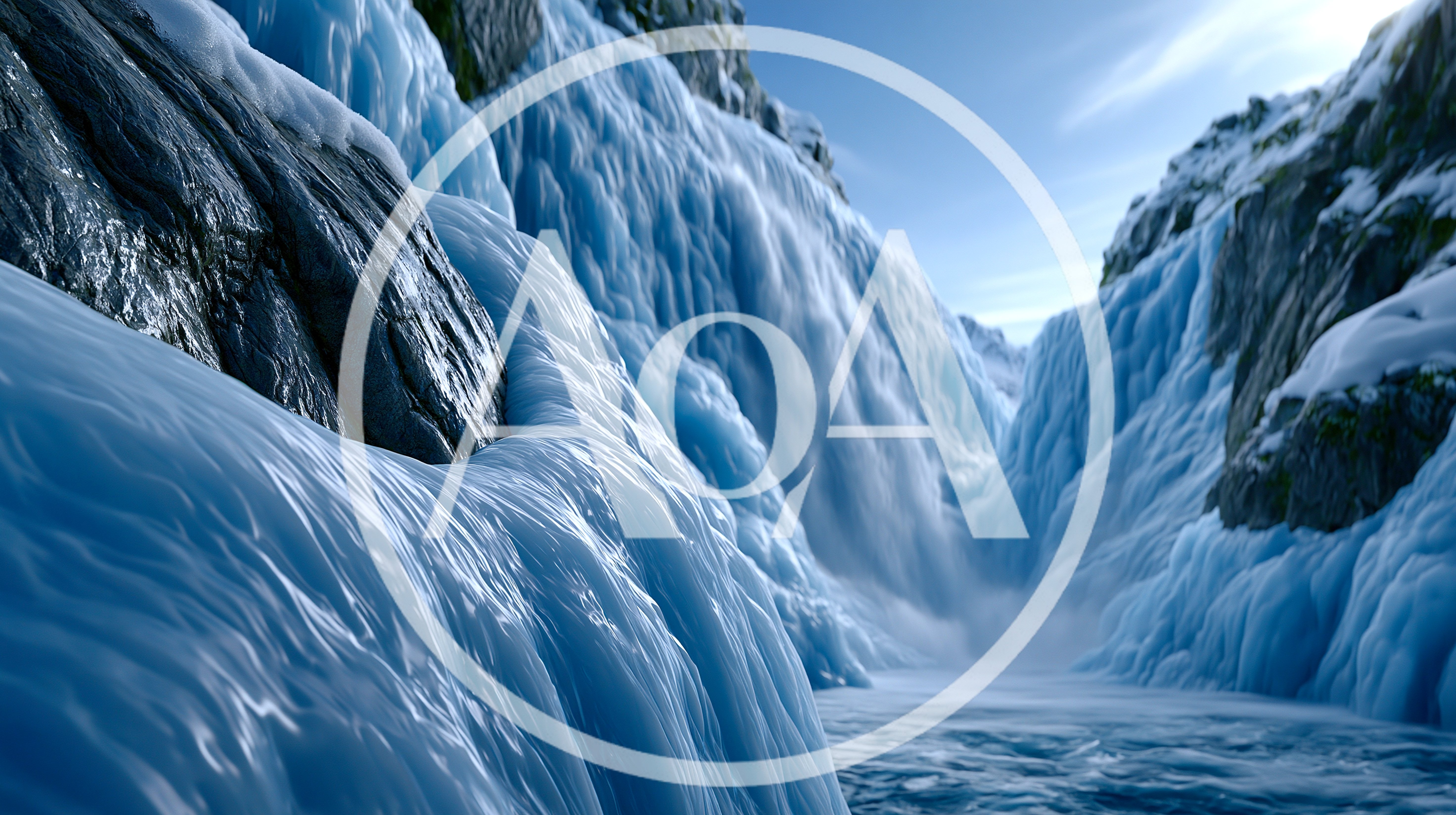 Frozen Waterfall Cascading Down A Snowy Mountain Canyon