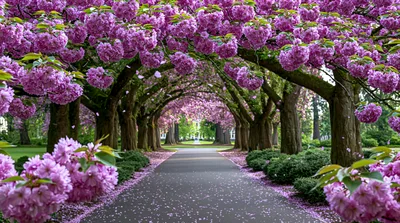 Blooming Cherry Blossom Tree Lined Pathway