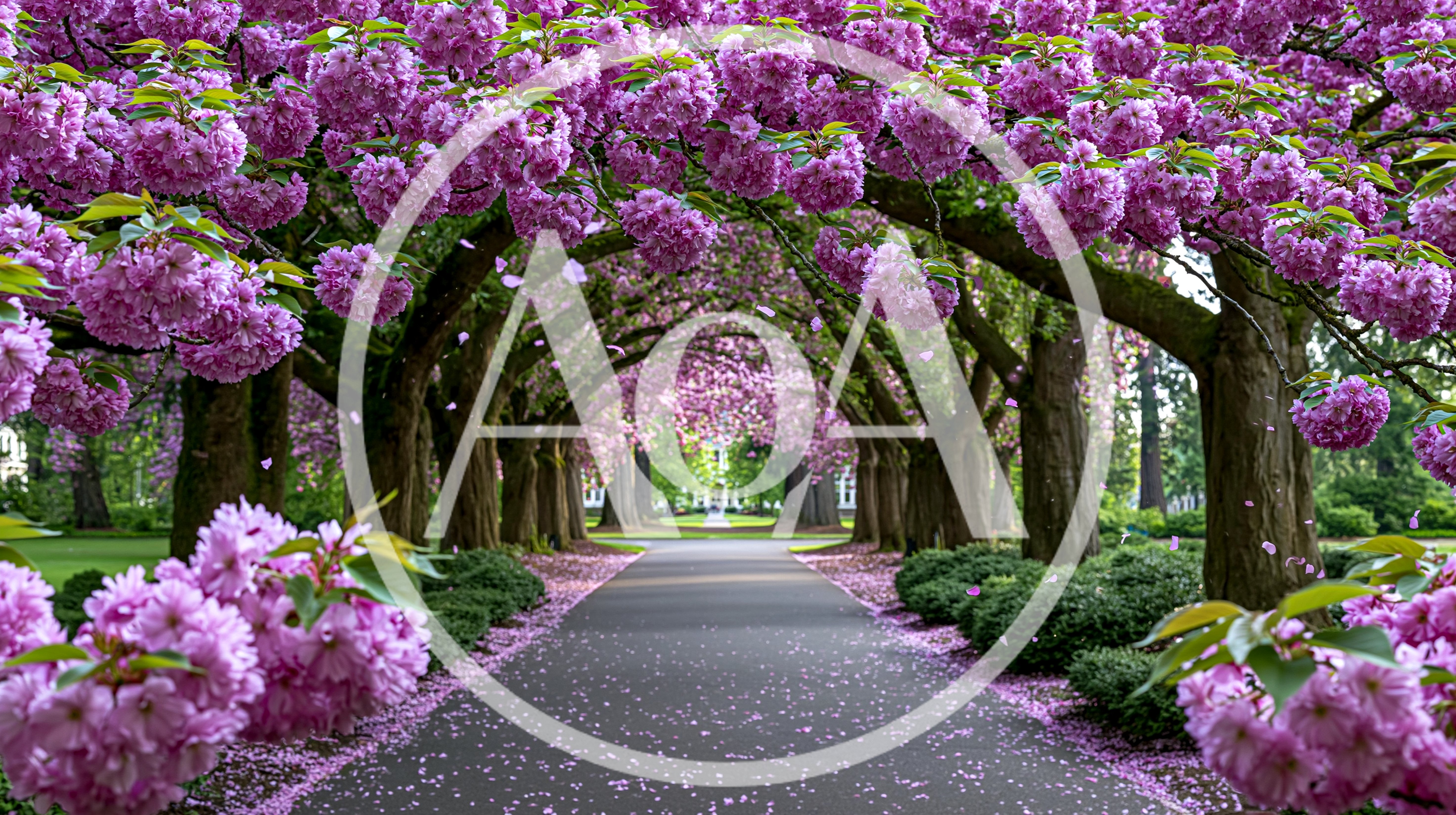 Blooming Cherry Blossom Tree Lined Pathway