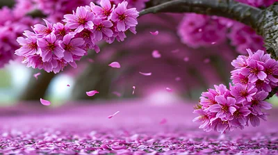 Pink Cherry Blossom Tunnel With Falling Petals