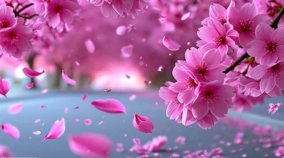 Pink Cherry Blossom Petals Falling In Spring