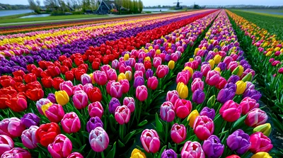 Vibrant Rows Of Colorful Tulips In Dutch Field