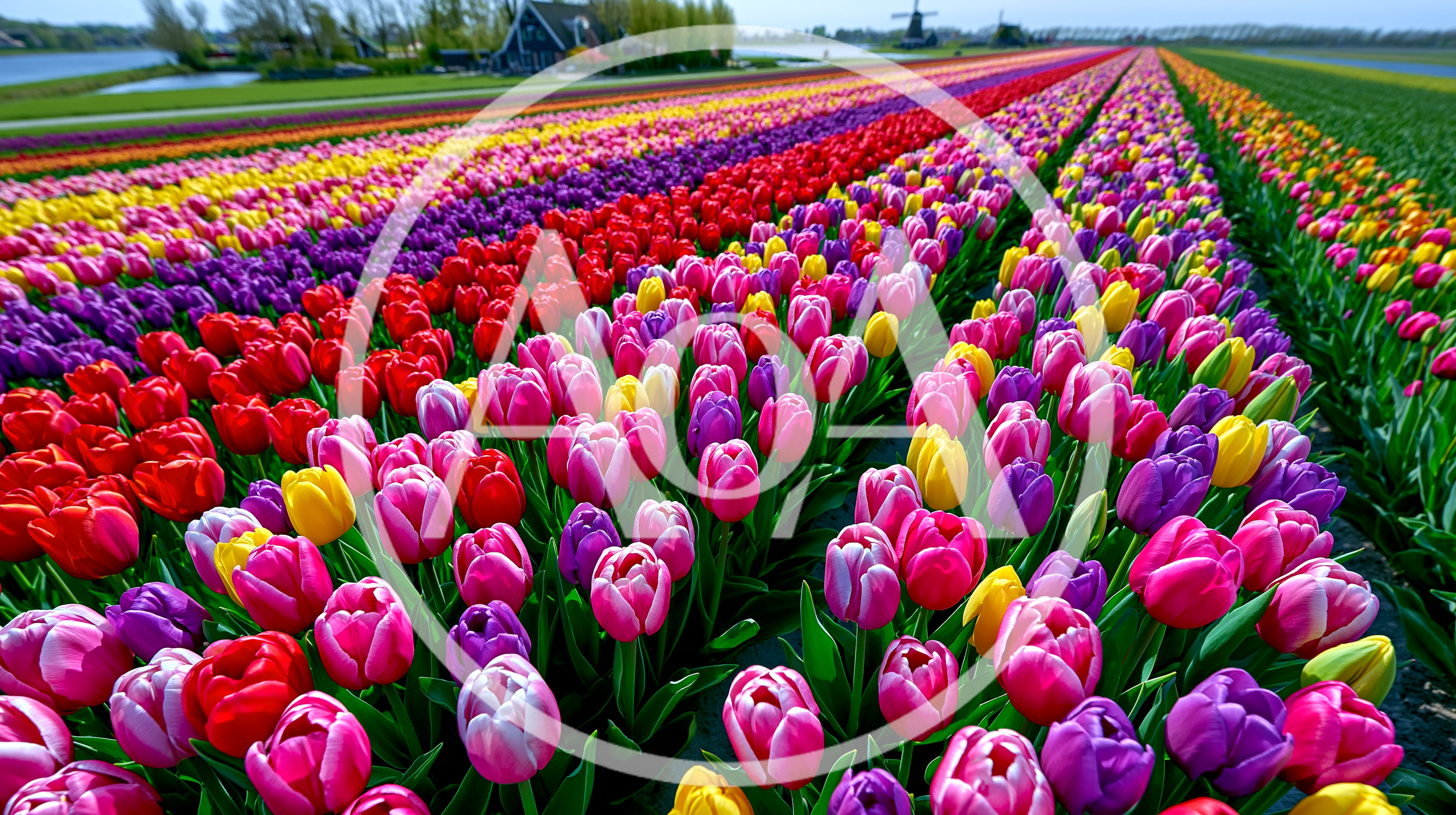 Vibrant Rows Of Colorful Tulips In Dutch Field