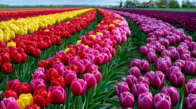 Vibrant Rows Of Colorful Tulips In Dutch Field