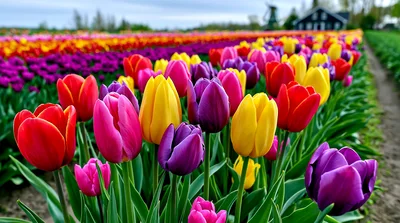 Vibrant Multicolored Tulip Field In Full Bloom