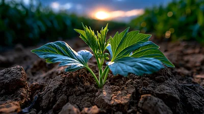 Young Green Plant Sprouting From Dry Cracked Soil