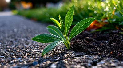 Small Green Plant Growing Through Asphalt Crack