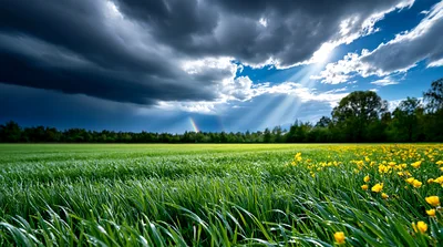 Sunlight Beams Over A Lush Green Meadow