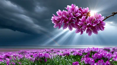 Pink Flowers Blooming Under Dramatic Stormy Sky