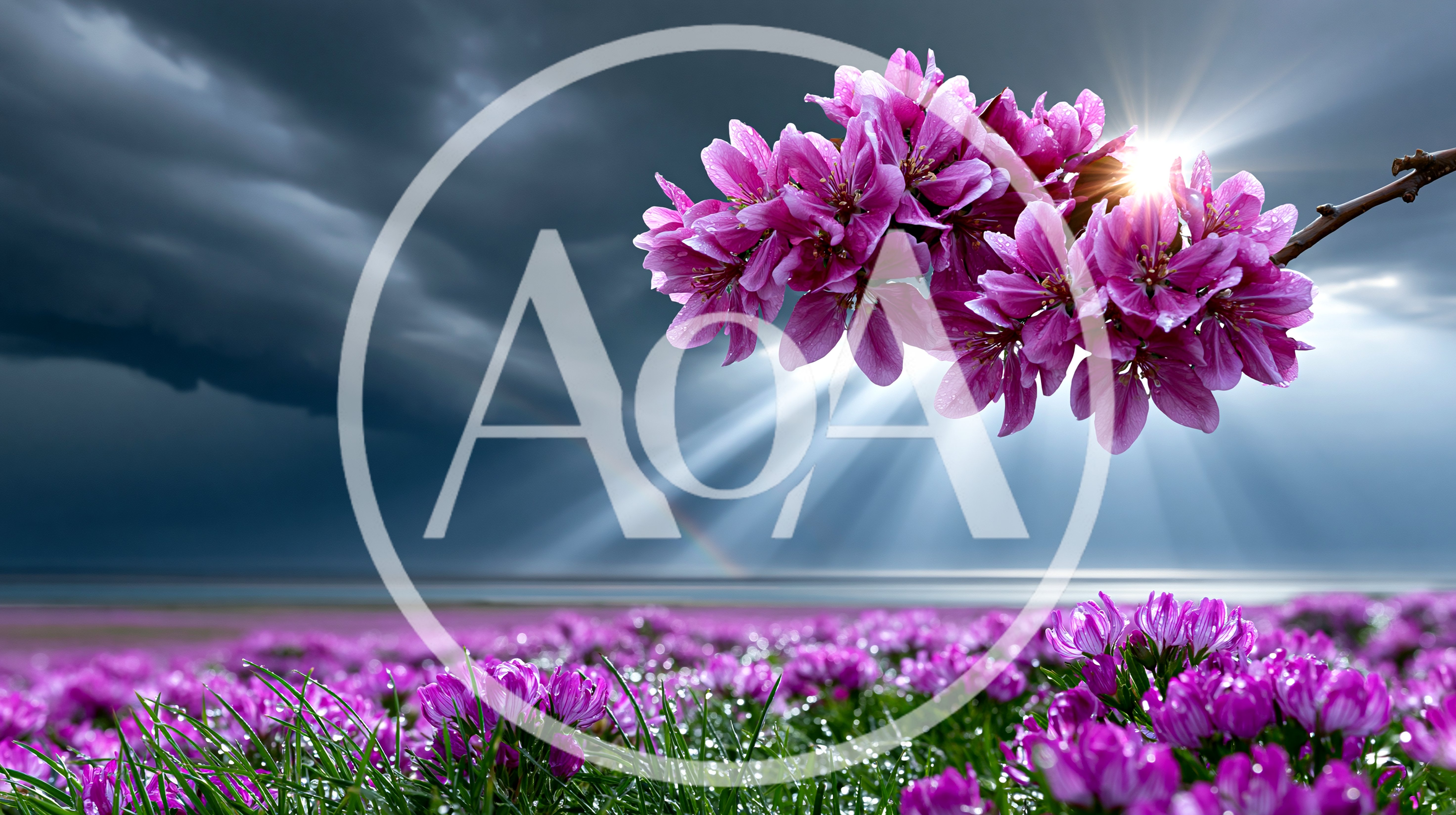 Pink Flowers Blooming Under Dramatic Stormy Sky