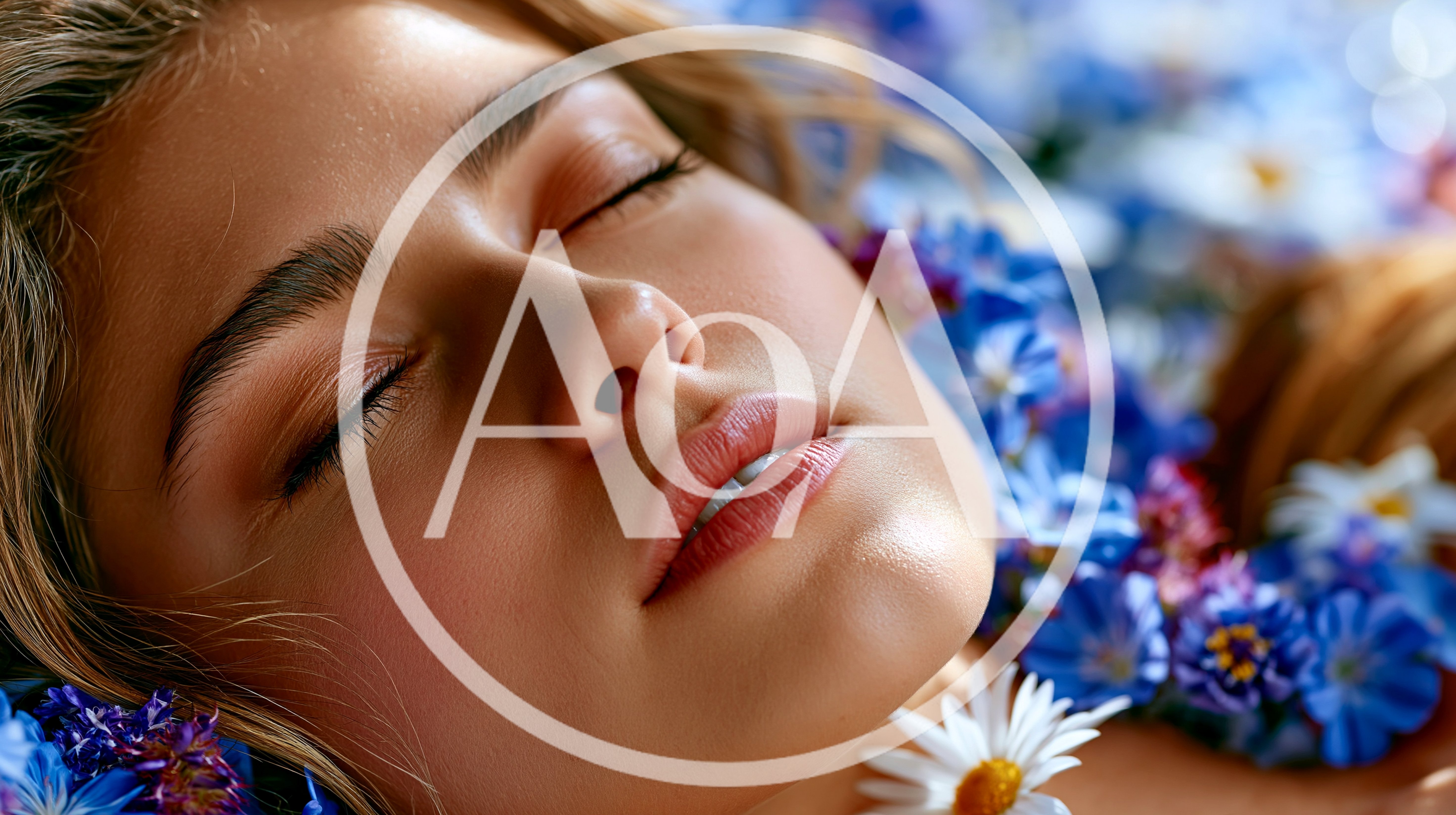 Young Woman Resting Among Blue Flowers And Daisies