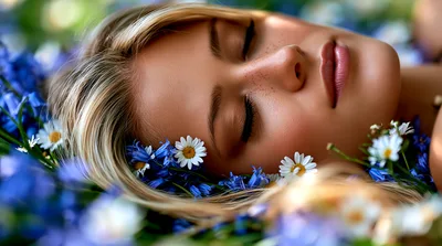 Young Woman Sleeping Peacefully Among Blue Flowers