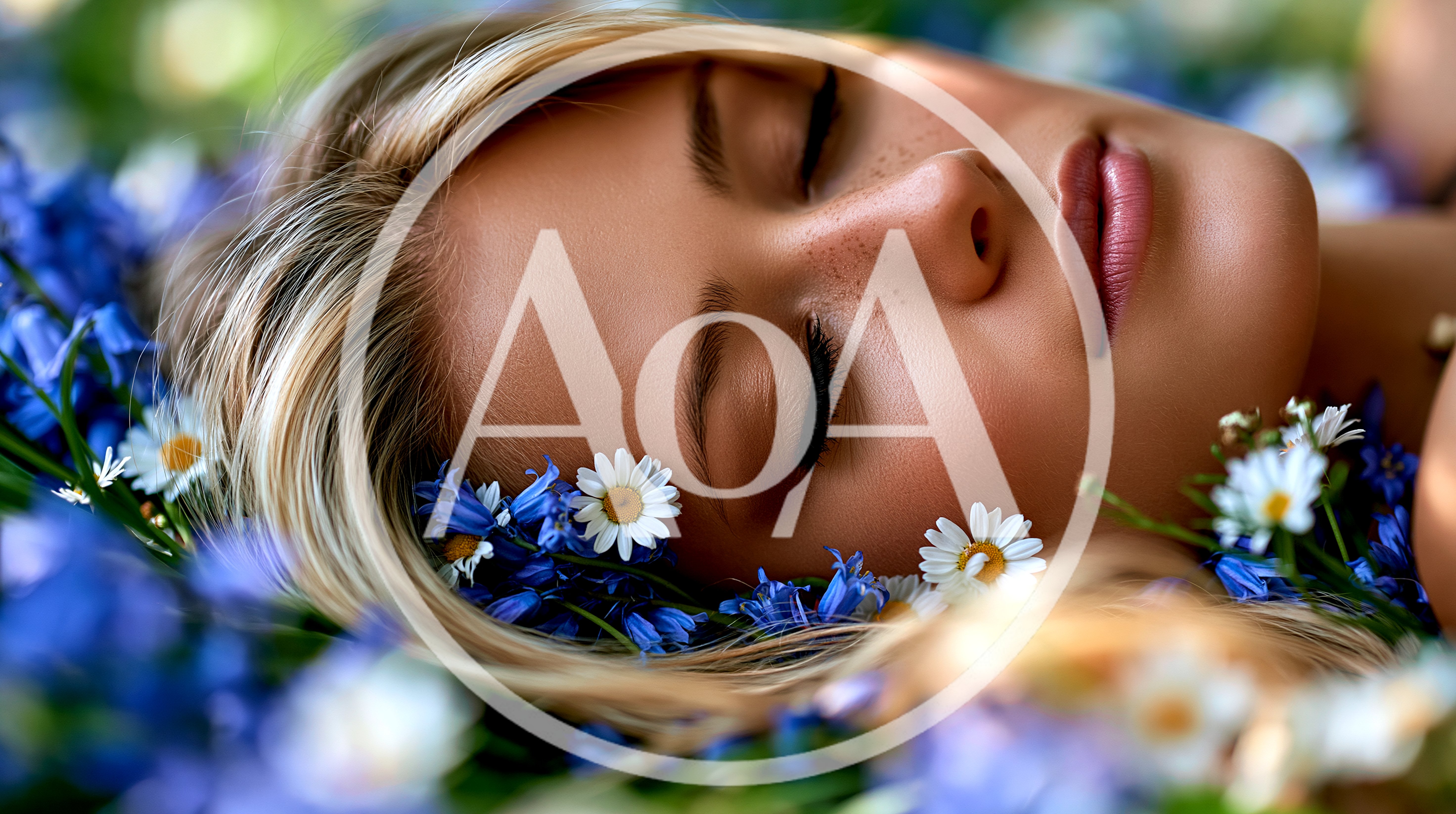 Young Woman Sleeping Peacefully Among Blue Flowers