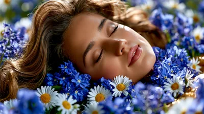 Young Woman Sleeping Peacefully Among Blue Flowers And Daisies