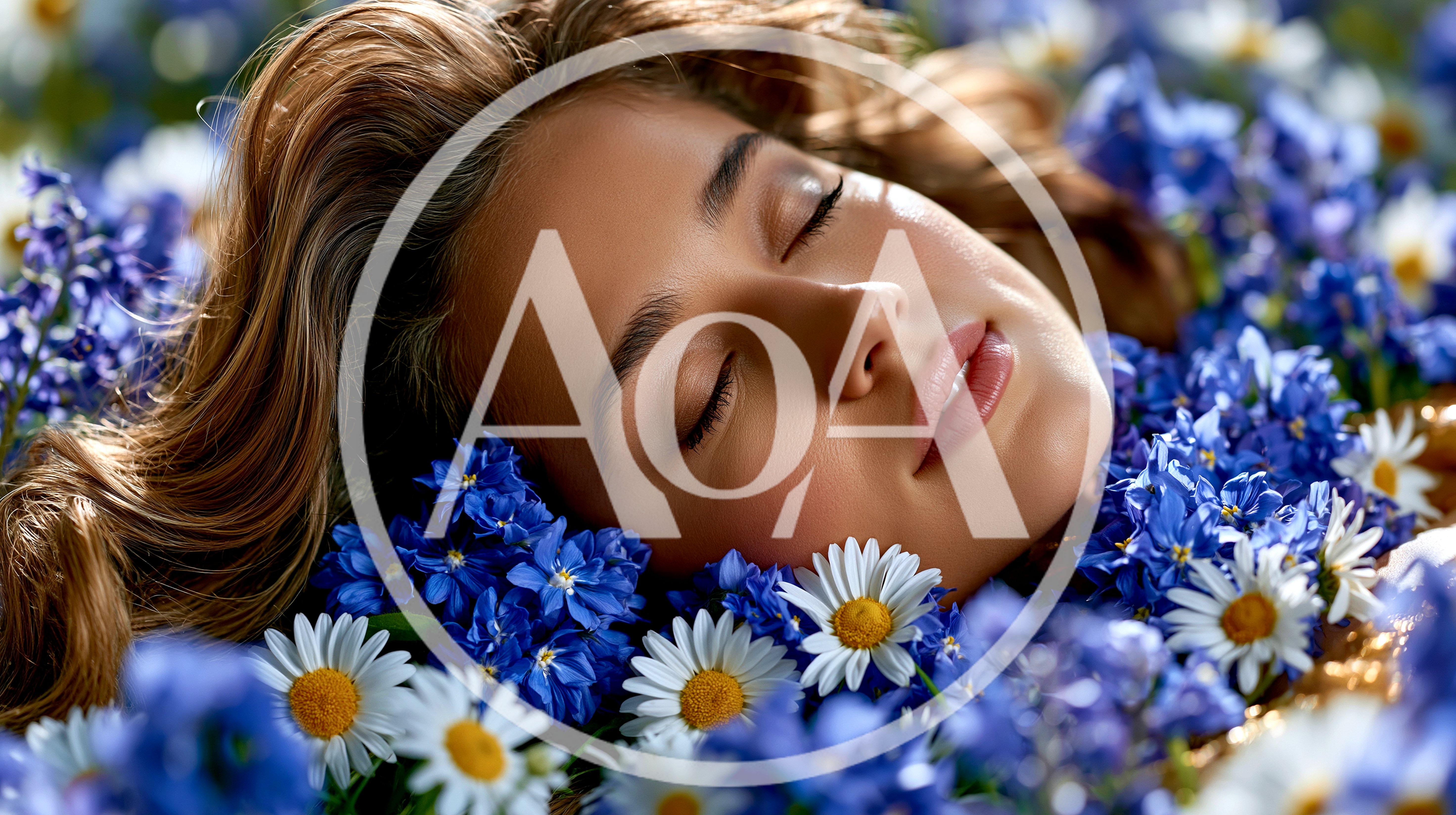 Young Woman Sleeping Peacefully Among Blue Flowers And Daisies