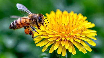 Honey Bee Hovering Near A Vibrant Yellow Dandelion