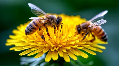 Two Honey Bees Foraging On A Yellow Dandelion Flower