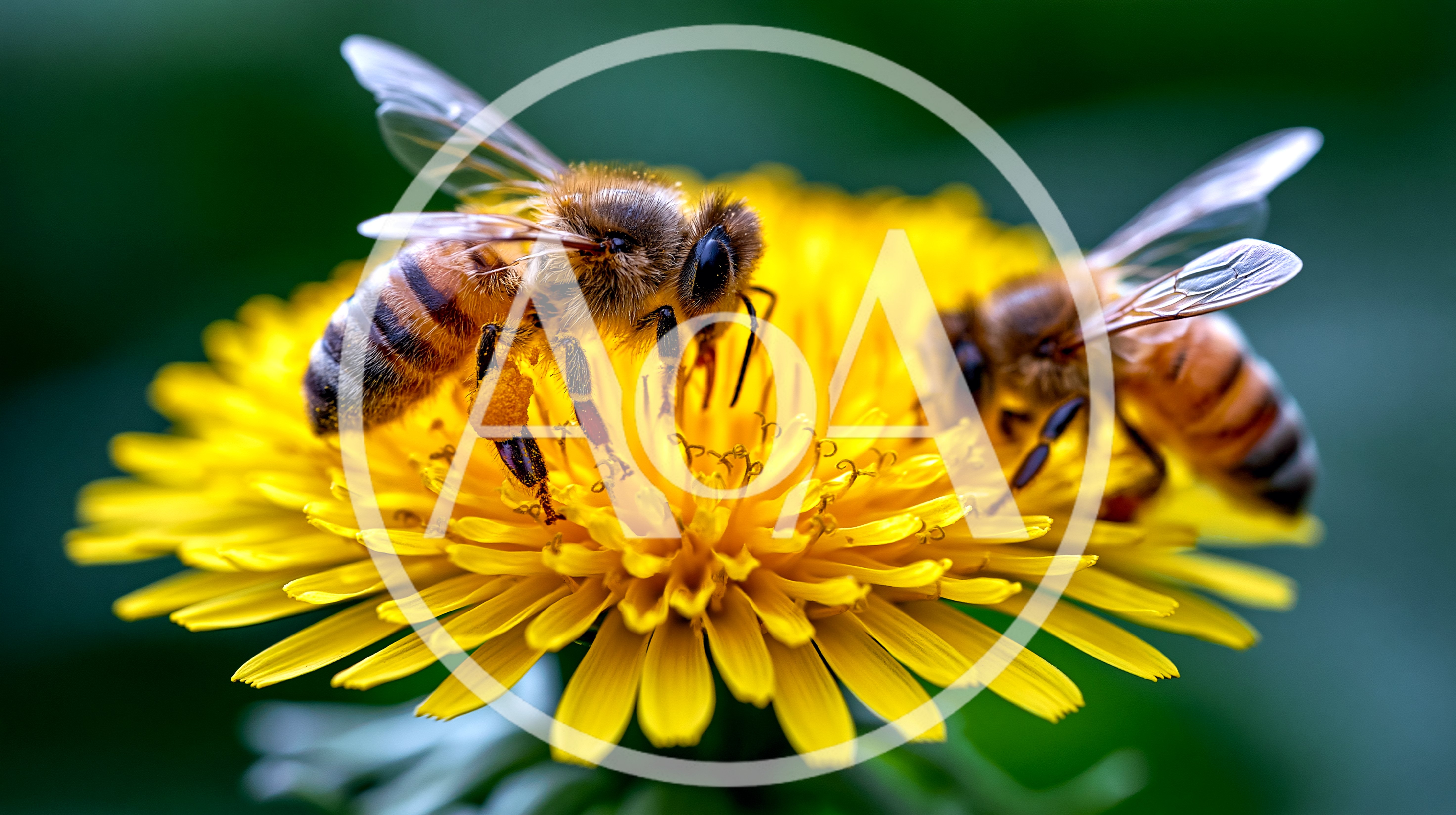 Two Honey Bees Foraging On A Yellow Dandelion Flower