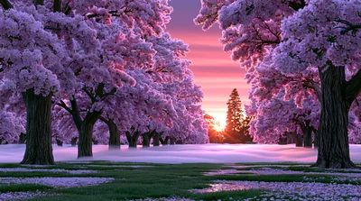 Enchanting Cherry Blossom Forest At Sunset