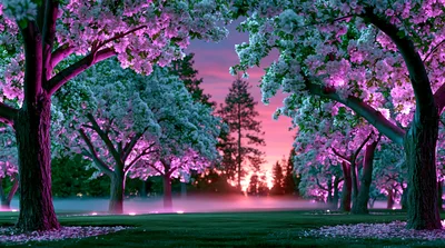 Enchanted Garden With Glowing Pink Cherry Blossom Trees
