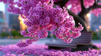 Cherry Blossom Tree Overlooking A Park Bench