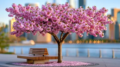 Cherry Blossom Tree With Bench In City Park