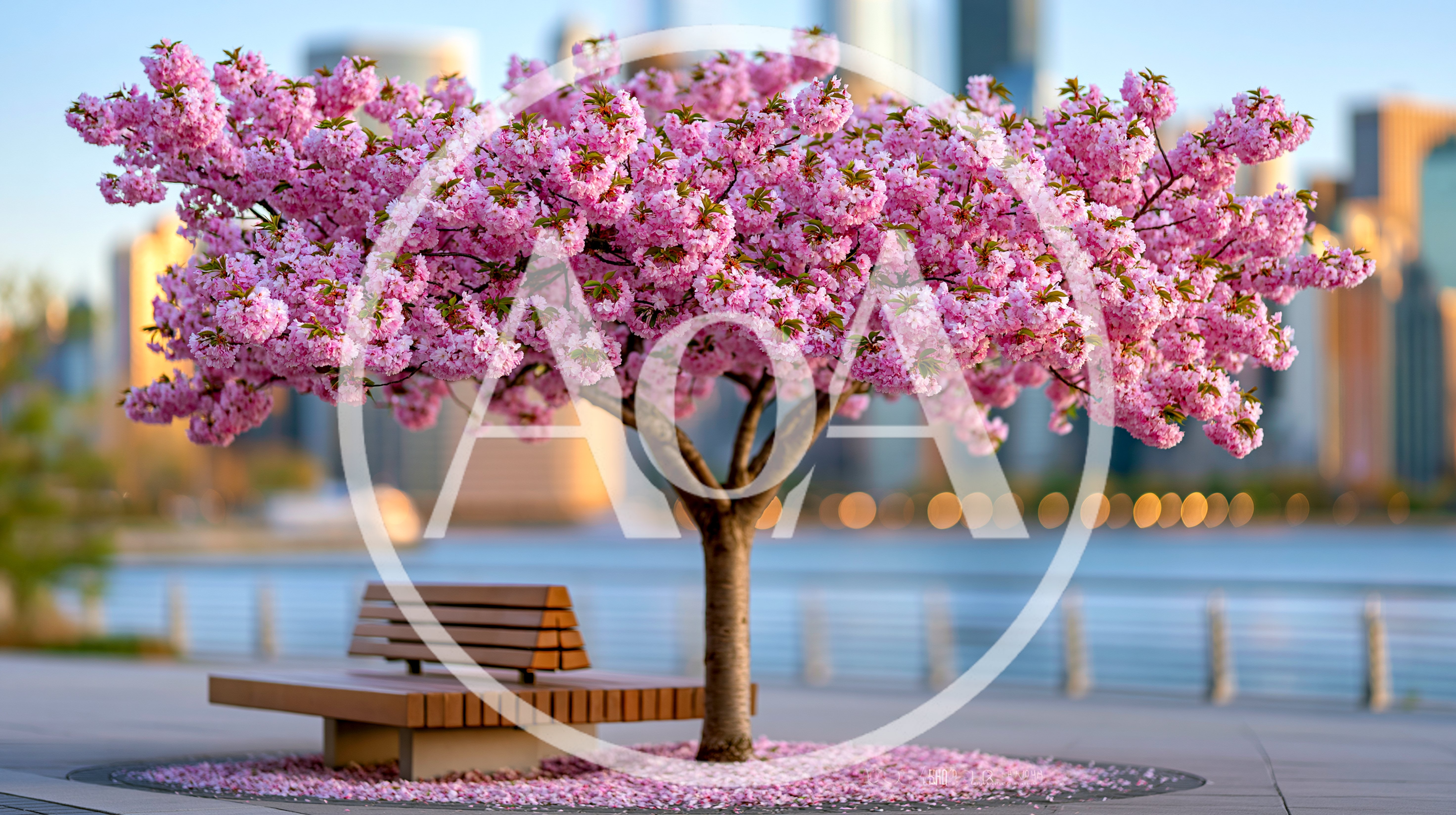 Cherry Blossom Tree With Bench In City Park