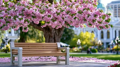 Empty Wooden Park Bench Under Blooming Cherry Blossom Tree