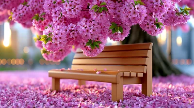 Wooden Bench Under Blooming Cherry Blossom Tree