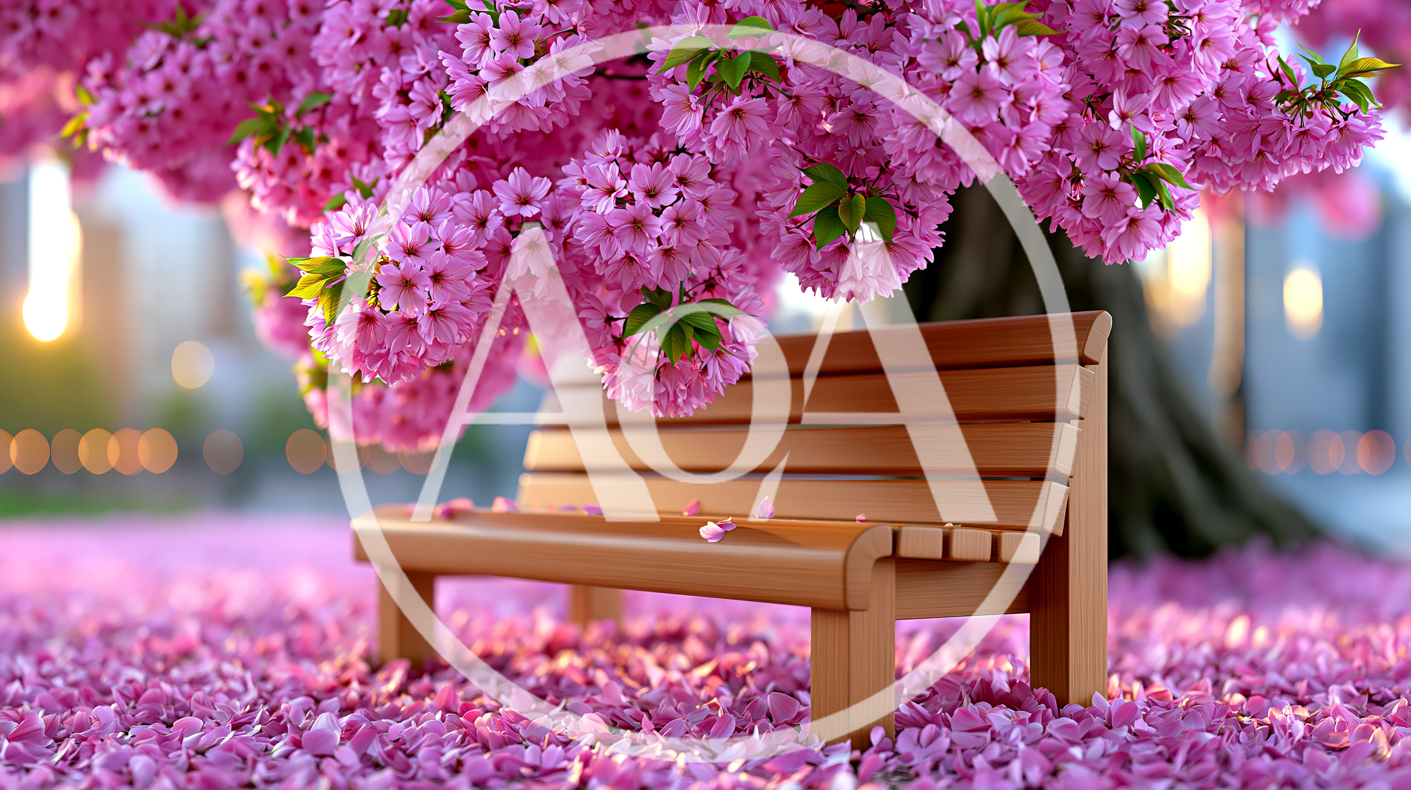 Wooden Bench Under Blooming Cherry Blossom Tree