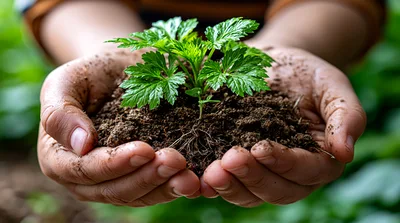 Hands Holding A Small Green Plant In Soil