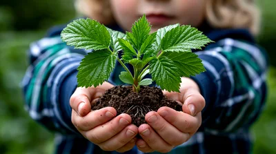Child Holding A Small Green Plant In Soil