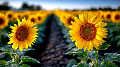 Two Vibrant Sunflowers In A Large Field